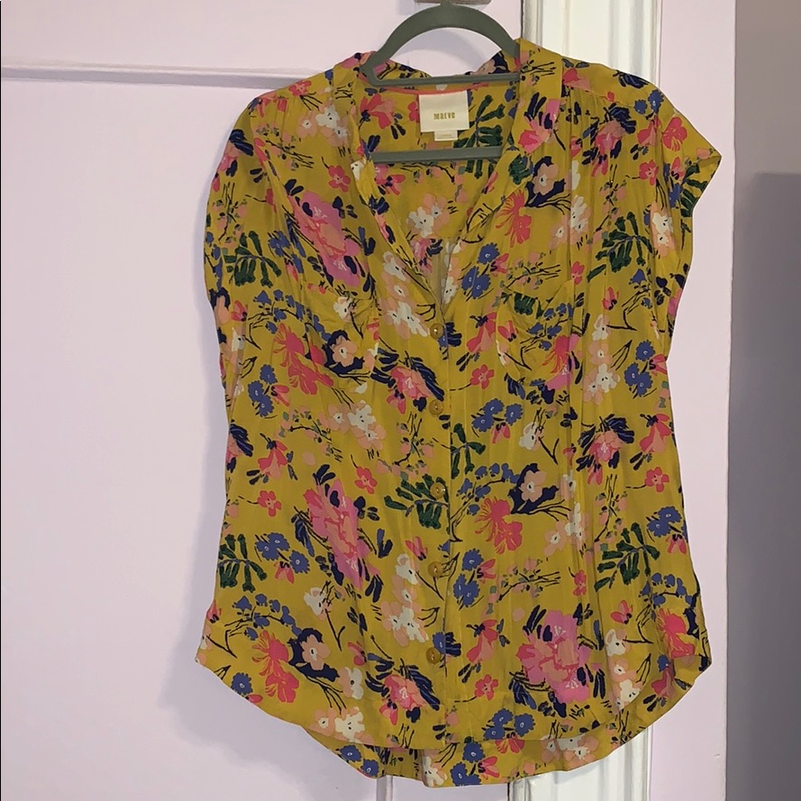 Anthropologie Yellow Floral Button Down Blouse